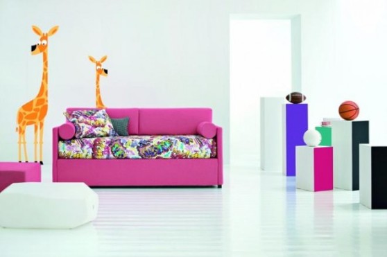 pretty-colorful-sofa-bed-with-cartoon-wall-decor